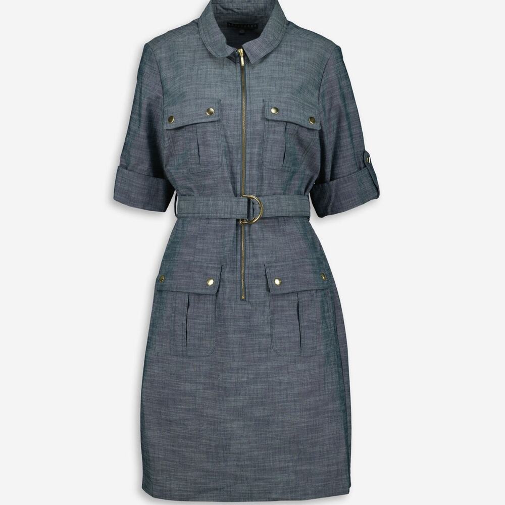 Sharagano Venice Shirt Dress 12 Blue Denim Twill Half Zip D Ring Belted Cotton - Picture 2 of 9